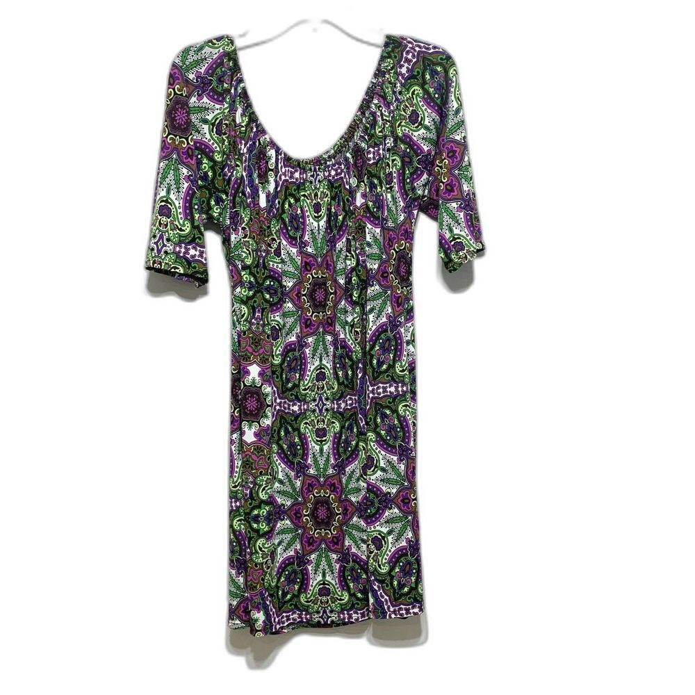 Shift Dress Purple Green Floral Short Sleeve Off the Shoulder Stretch sz Medium